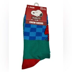 Peanuts Snoopy Blue, Green, Red Checkered Crew Socks, 1 Pair, Adult Size 9-13